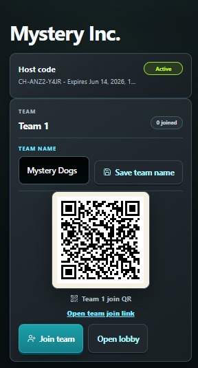 Game Organizer screen with a Player Join Code